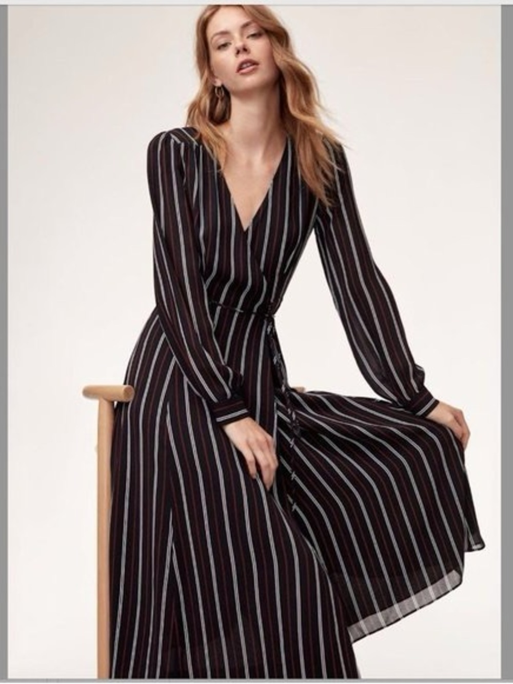 Aritzia Wilfred Sz XS Lina Striped Navy Minimalist Midi Wrap Dress